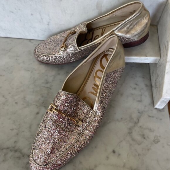 SAM EDELMAN  Loraine Glitter & Gold Leather Slip On Loafers 9 1/2 - Picture 1 of 16